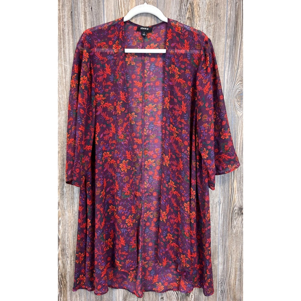 Torrid Floral Print Cardigan Semi Sheer Women's 1 (1XL) Lightweight Boho Chic